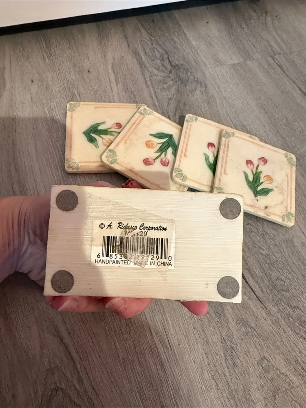 Vintage A. Richesco Hand Painted Tulip Cork Back Coaster Set of 4 with Holder 💕